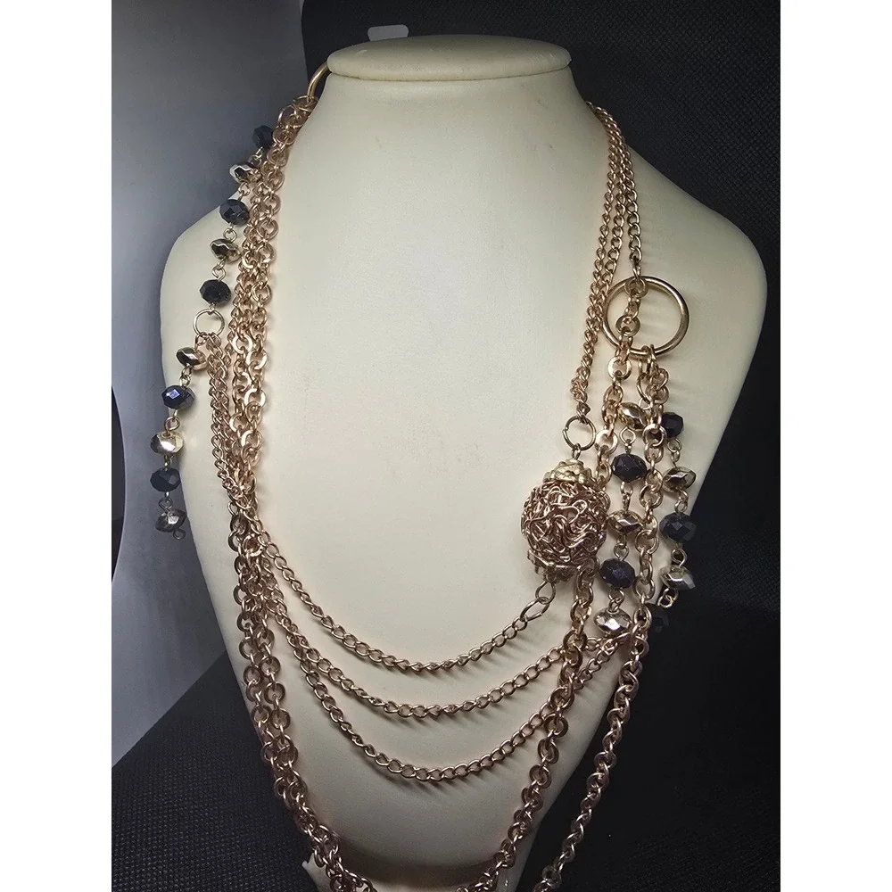 Rose Gold Tone Multi Strand Layered Statement Necklace Black Beaded Asymmetrical